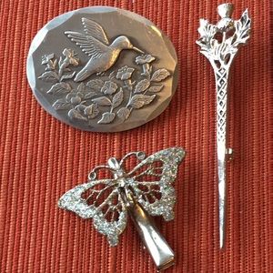 Vintage Hummingbird Brooch, Retro Staff Pin & Glitter Butterfly Hair Clip